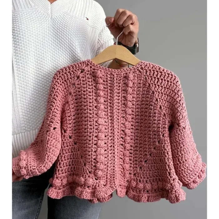 Handmade Crochet Baby And Child Sweater – Pink Bobble Stitch Cardigan - Image 3