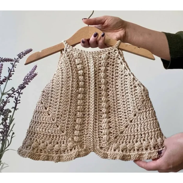Handmade Crochet Baby & Child Summer Top – Natural Beige Bobble Stitch Halter Blouse - Image 2